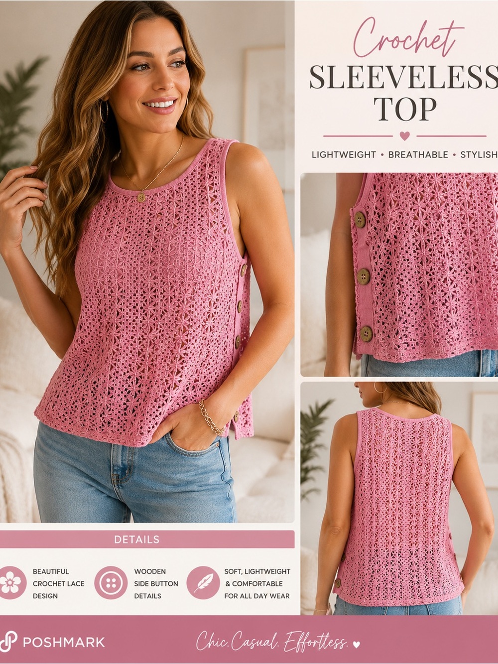 Women's Pink Crochet Sleeveless Top with Side Button Detail